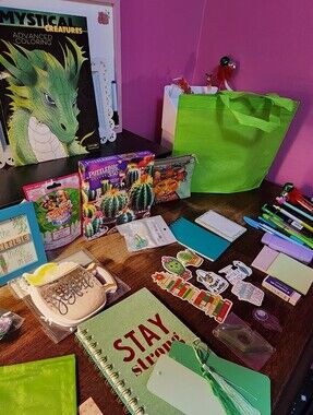 Green Tote Bag & Matching Mint Stationery Set Cactus Blossom